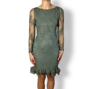 Lace Overlay Knee Length Dress Sheer Long Sleeves Form Fitting Ruffle Sz S Green
